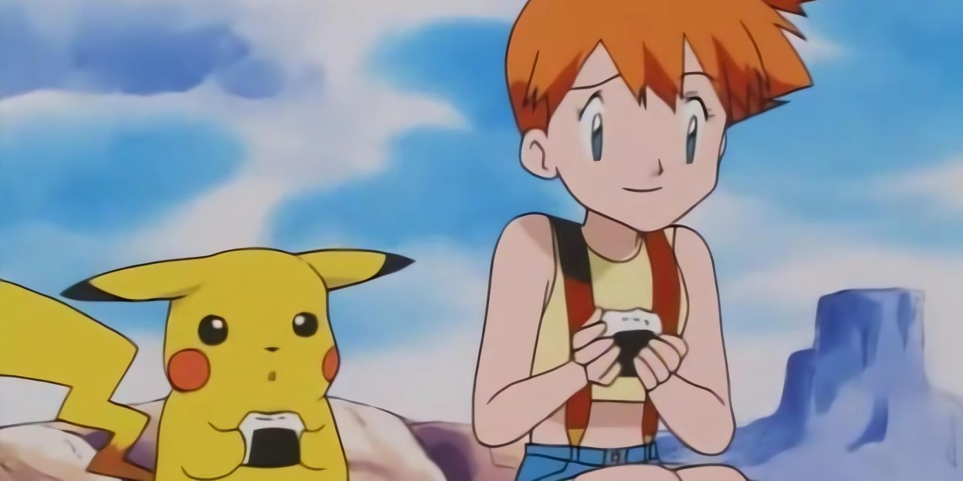 Pikachu and Misty eating rice balls during a Pokemon episode.