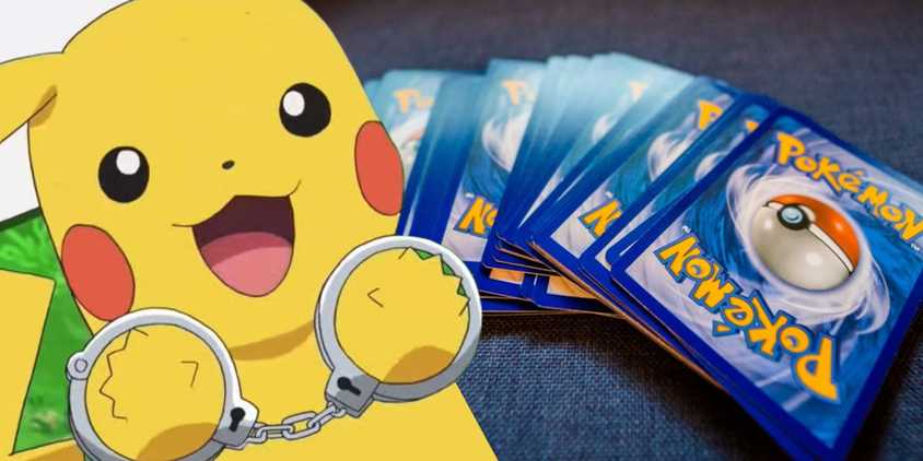 Pikachu in handcuffs from Pokemon Journeys over a background of Pokemon Cards