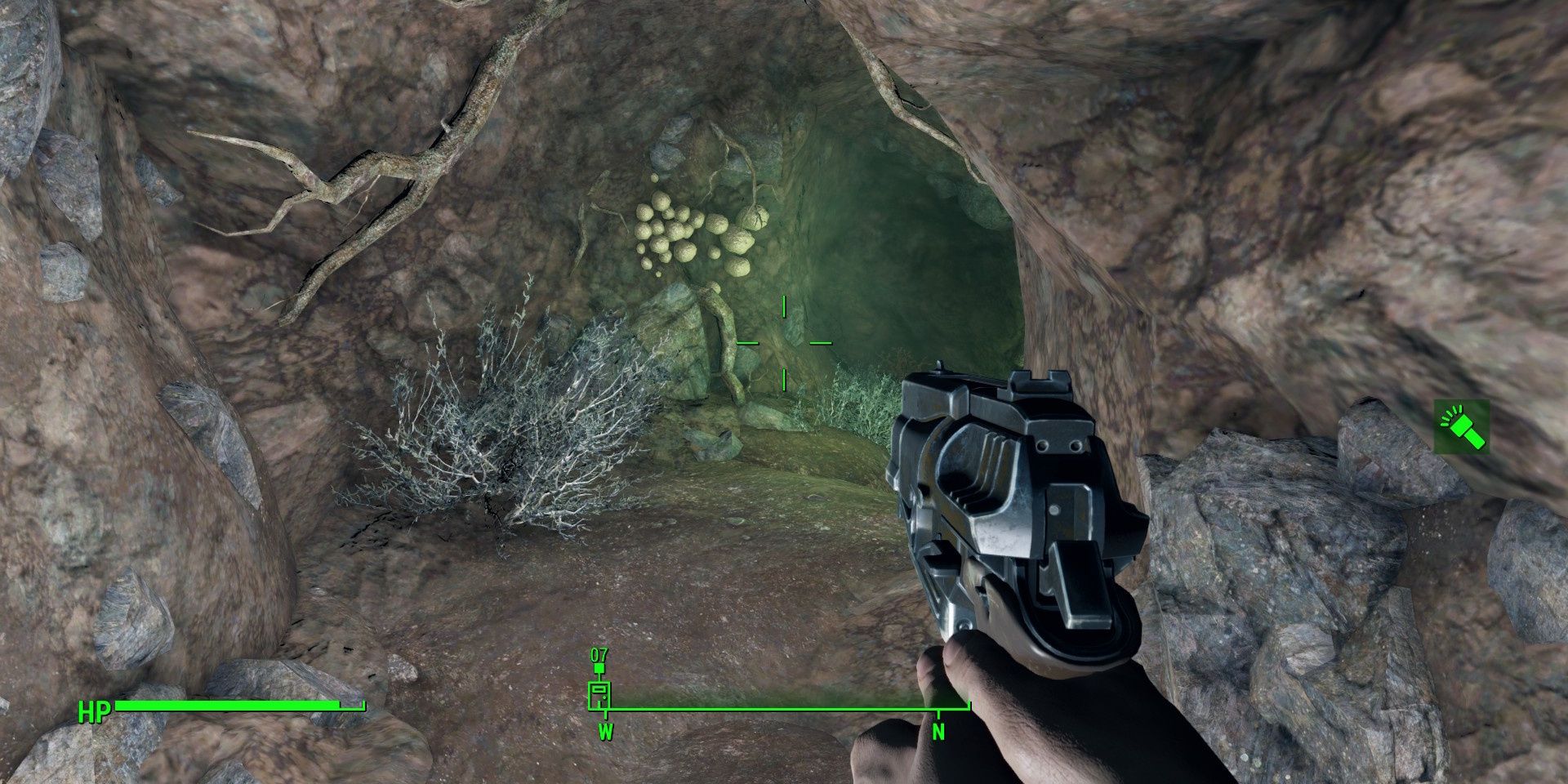 Pip-Boy flashlight with altered brighter color in Fallout 4.