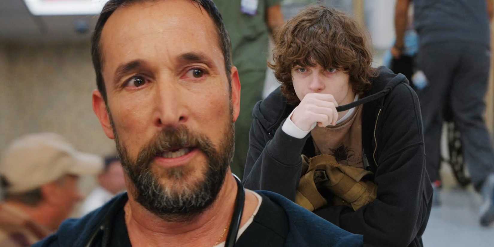 Dr. Michael "Robby" Robinavitch (Noah Wyle) looking sweaty and out of breath and David Saunders (Jackson Kelly) in The Pitt