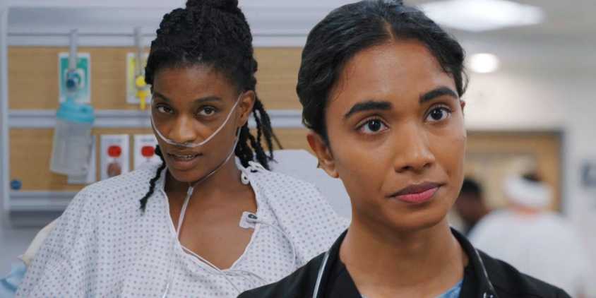 Joyce St. Claire (Ashley Romans) and Dr. Samira Mohan (Supriya Ganesh) in The Pitt season 1, episode 2