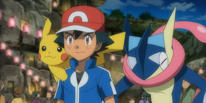 Ash, Pikachu, and Greninja after the village is safe.