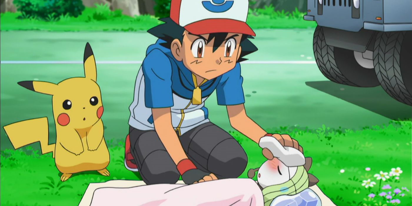 Ash and Pikachu care for the injured Meloetta.