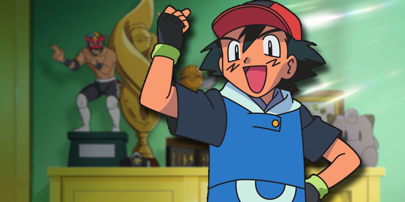 Ash looking triumphant in front of his trophy collection.