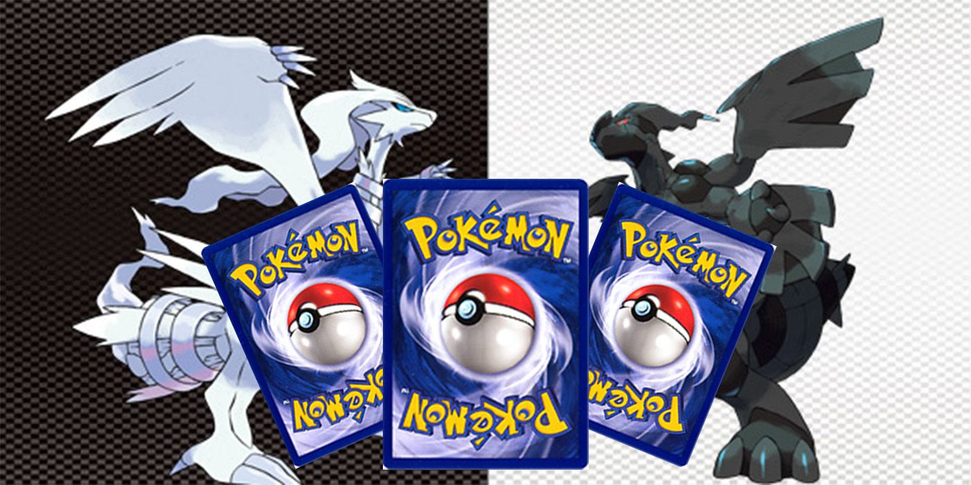 Pokemon cards in front of Reshiram and Zekrom