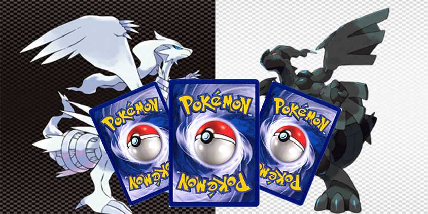 Pokemon cards in front of Reshiram and Zekrom
