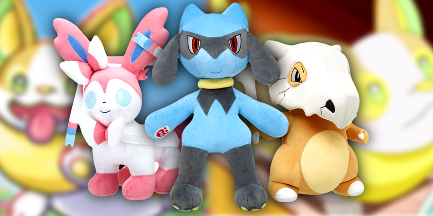 Pokemon build a bear plushies with yamper screenshots behind them