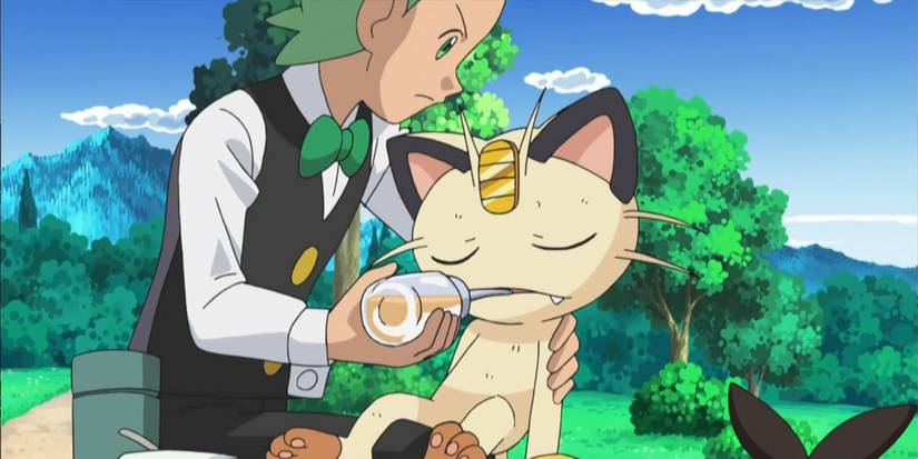 Cilan cares for Team Rocket's Meowth after finding him injured.