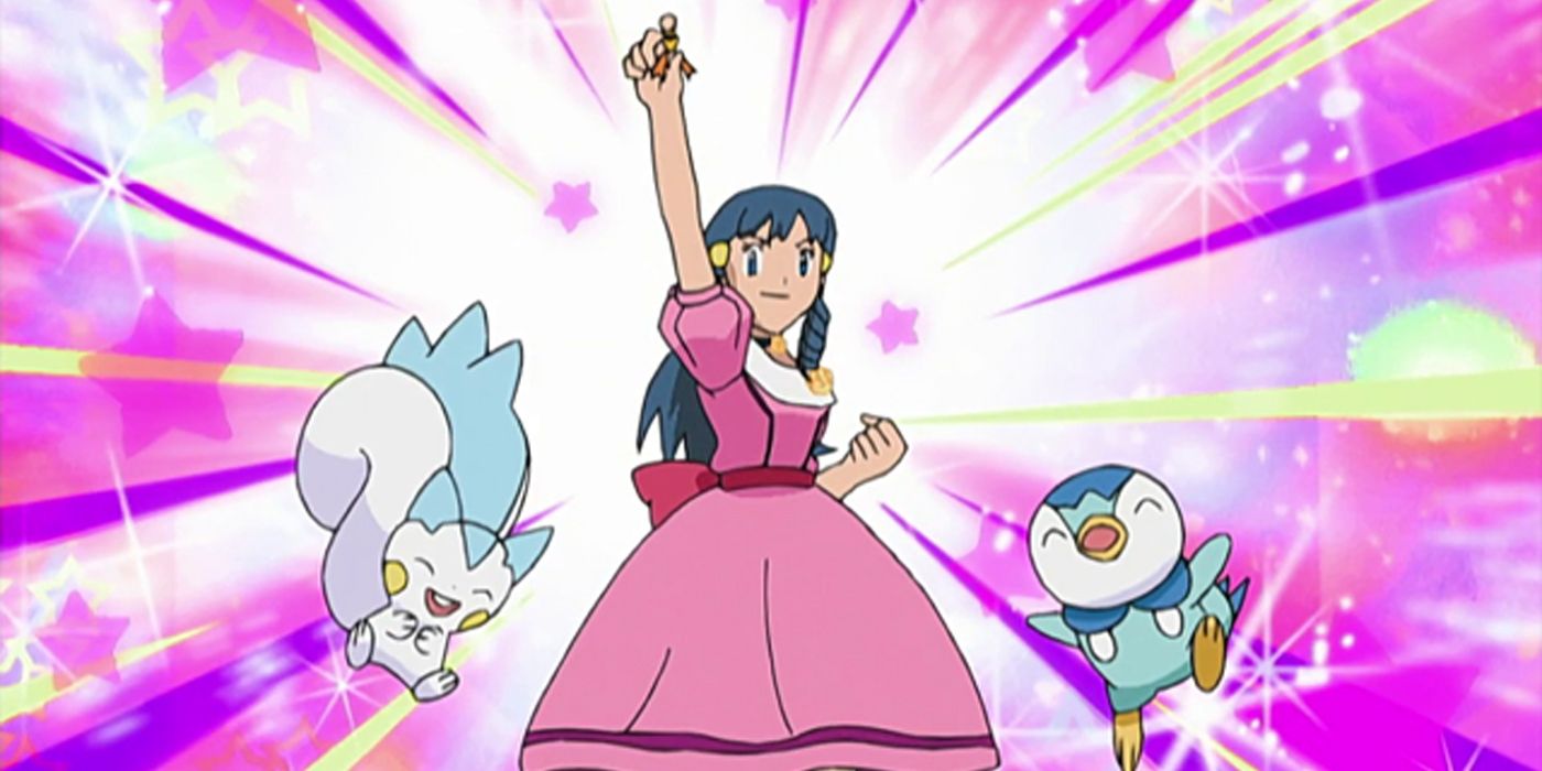 Dawn holds up her first ribbon for winning a Contest, alongside Pachirisu and Piplup.