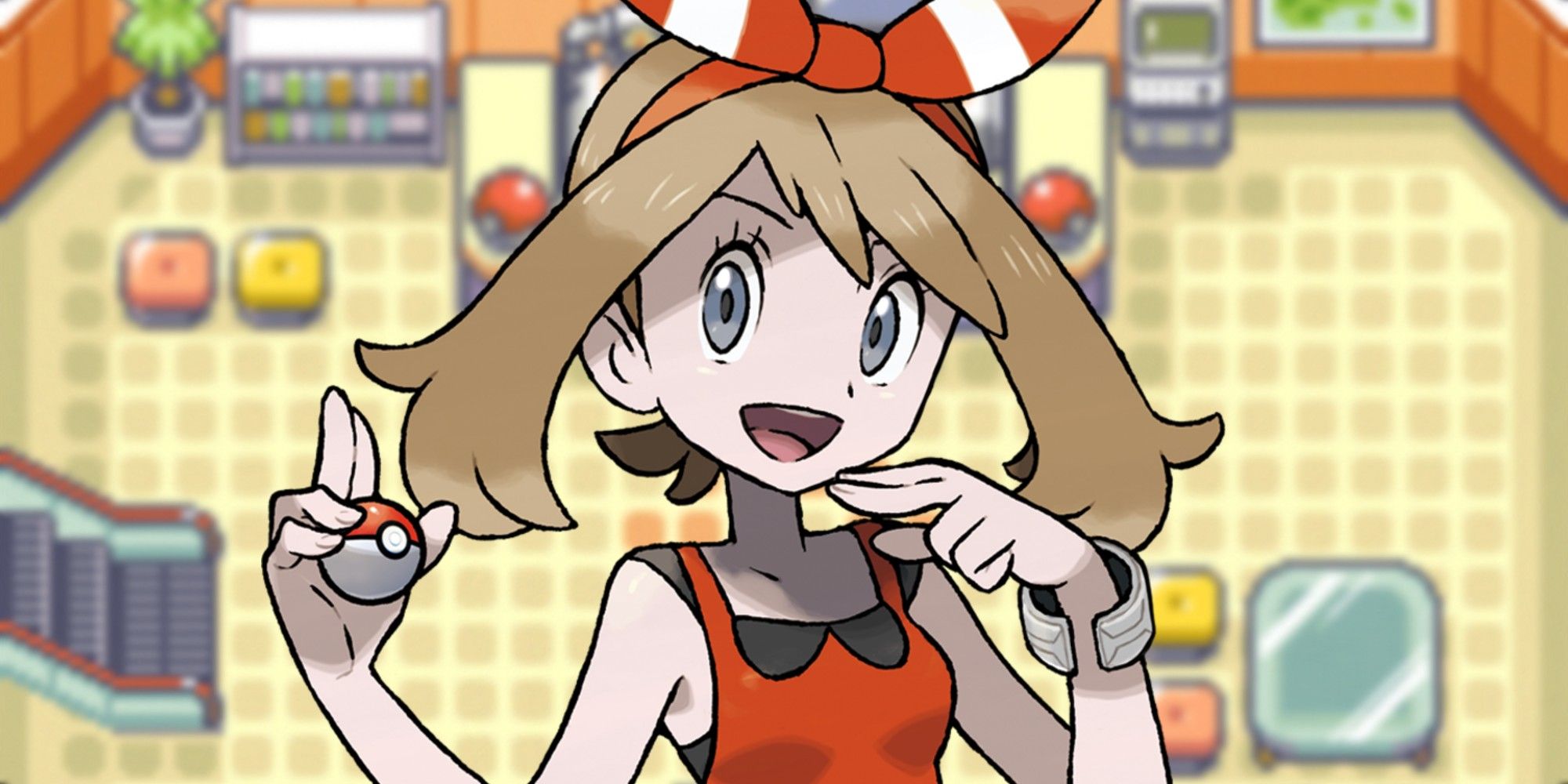 Pokémon&rsquo;s May in front of a classic Pokémon Center screen from Pokémon Ruby, Sapphire and Emerald.