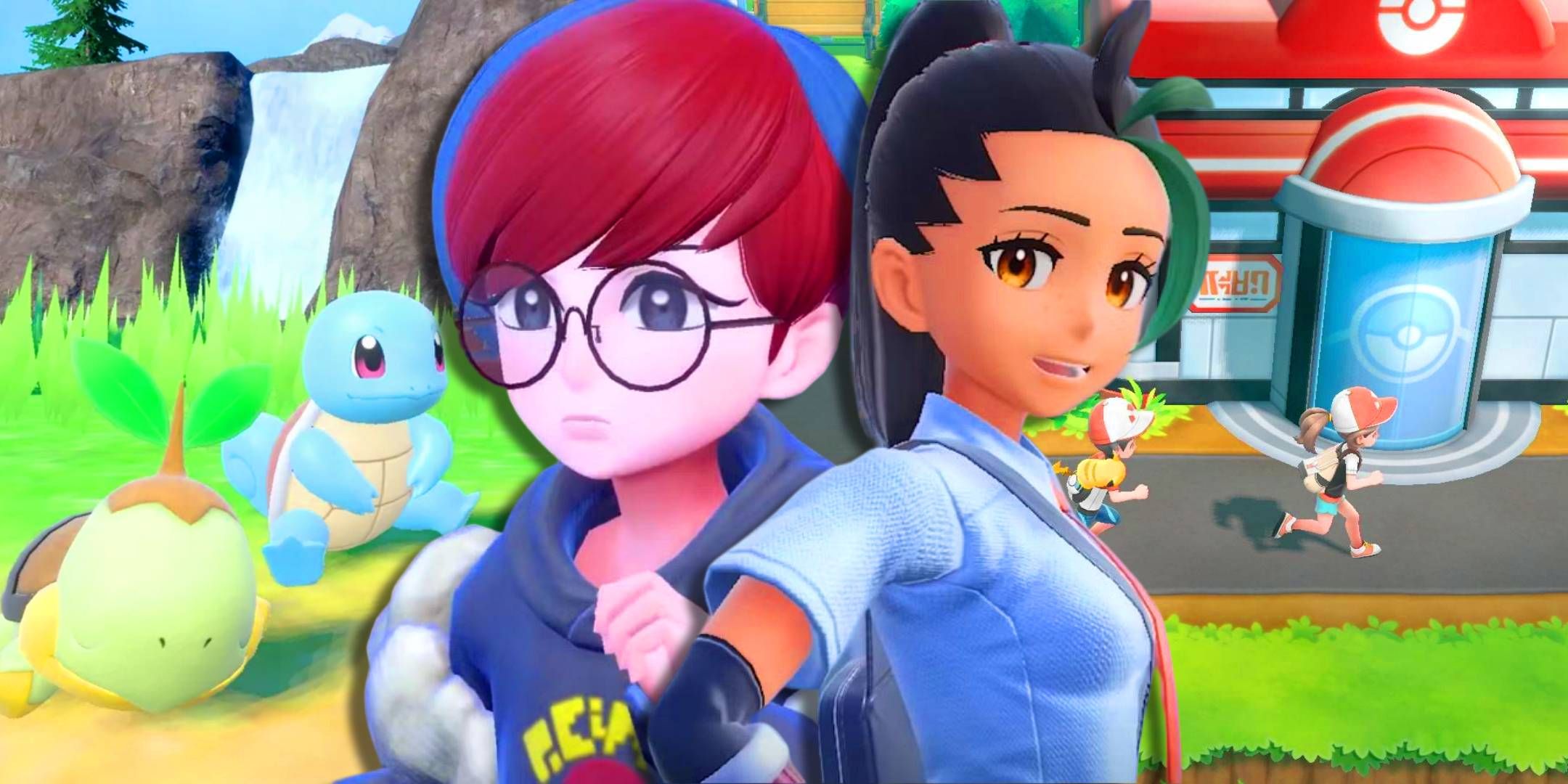 Nemona and Penny from Pokemon Scarlet and Violet in front of gameplay from Pokemon Let's Go Eevee.