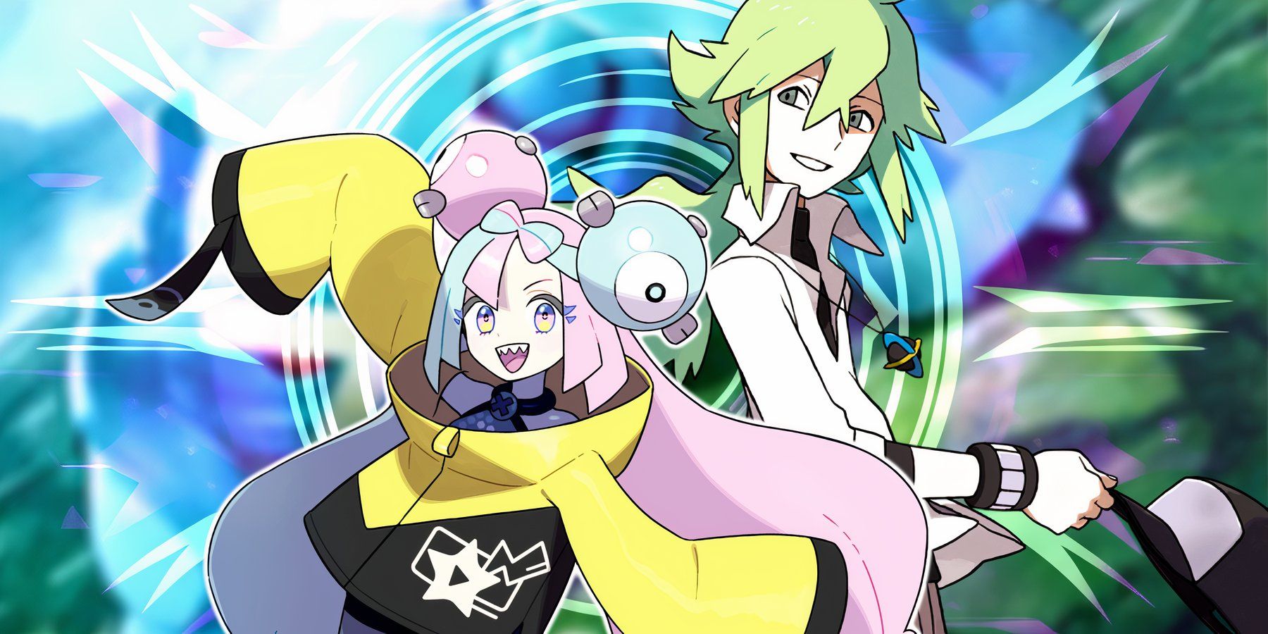 Pokemon N and Iono with a Metagross behind them