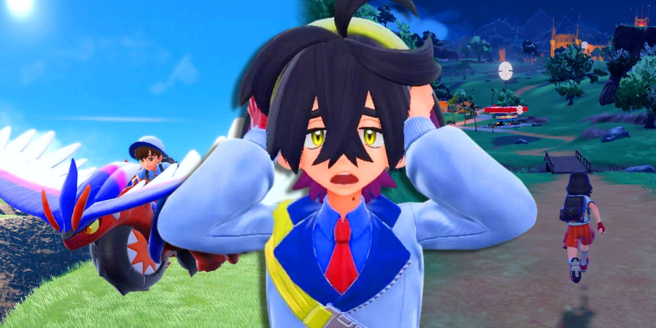 Kieran from Pokemon Scarlet and Violet looking shocked with gameplay behind him.