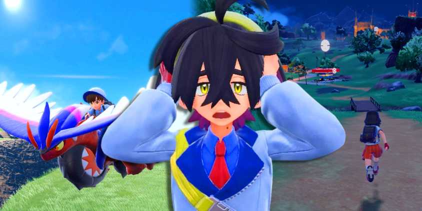 Kieran from Pokemon Scarlet and Violet looking shocked with gameplay behind him.