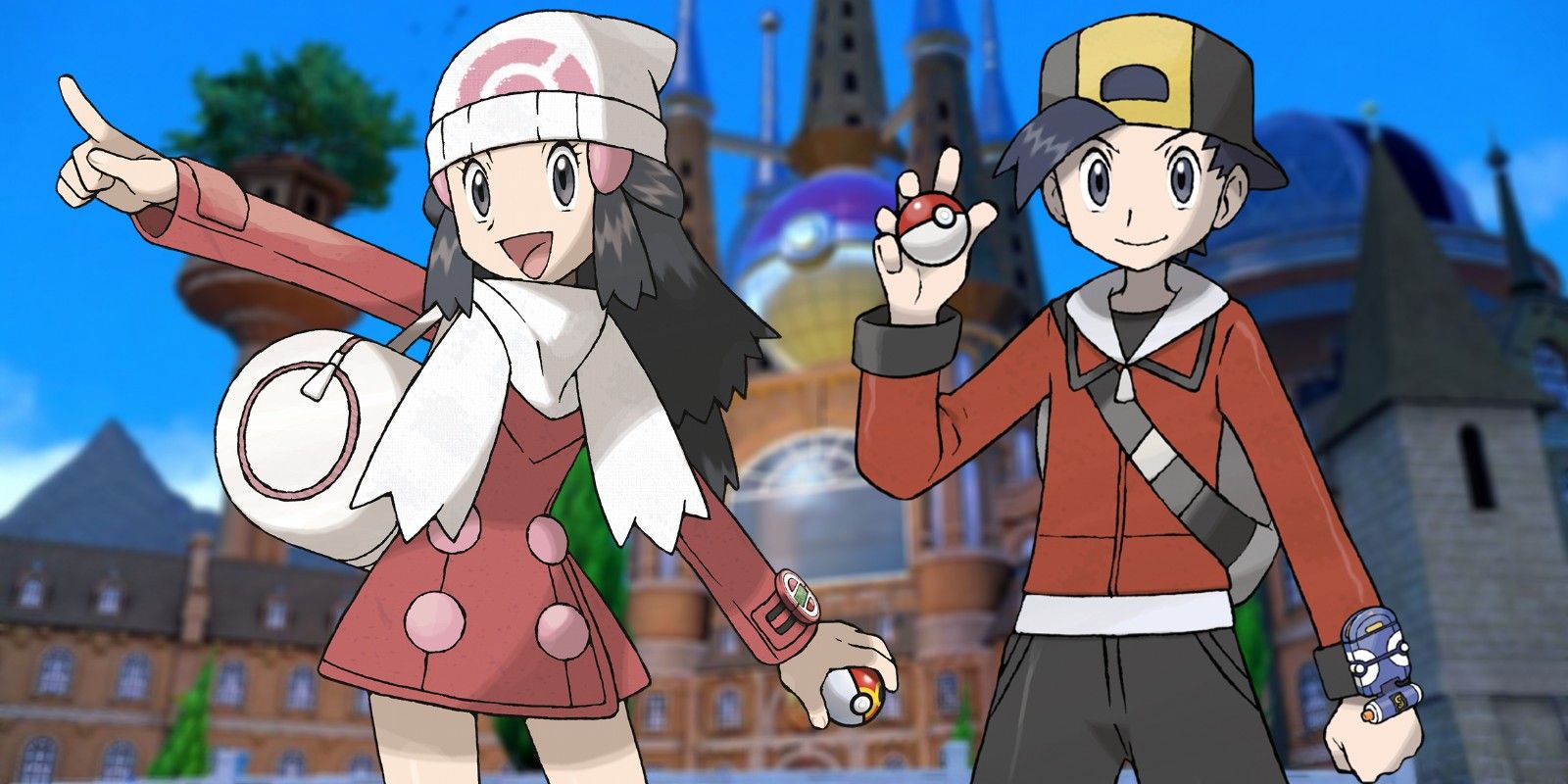 Dawn and Ethan in front of Pokémon Scarlet and Violet&rsquo;s Academy.