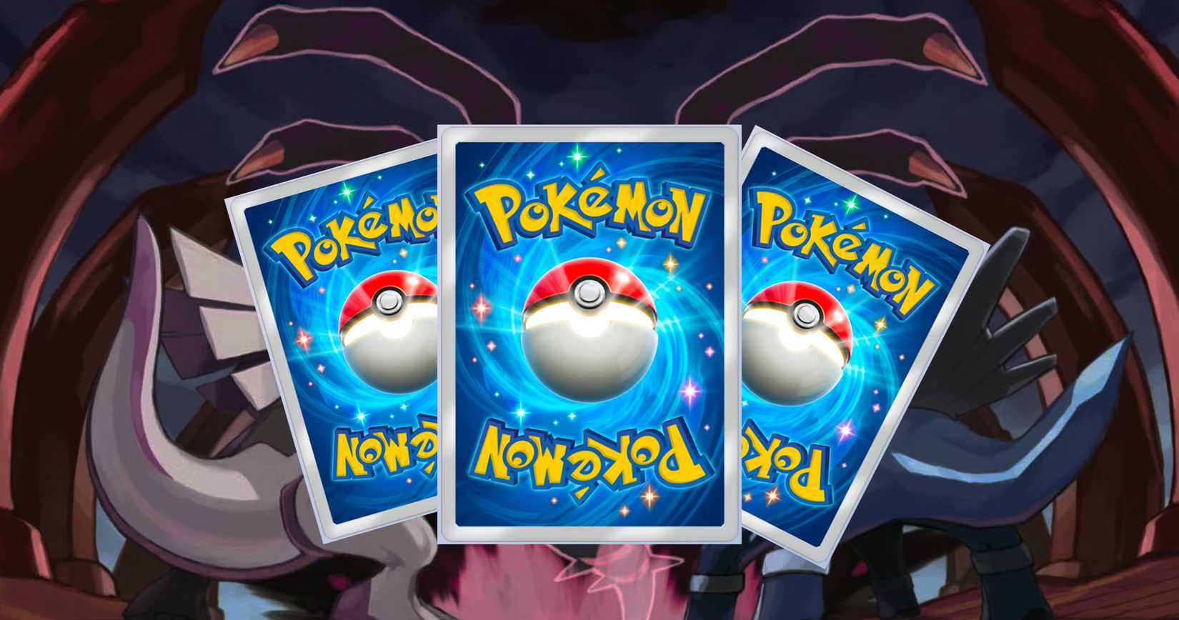 Pokemon TCG Pocket Cards In Front of Legendary Pokemon Dialga, Palkia, and Giratina