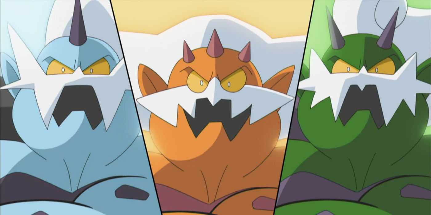 A split screen showing the faces of Thundurus, Landorus, and Tornadus.