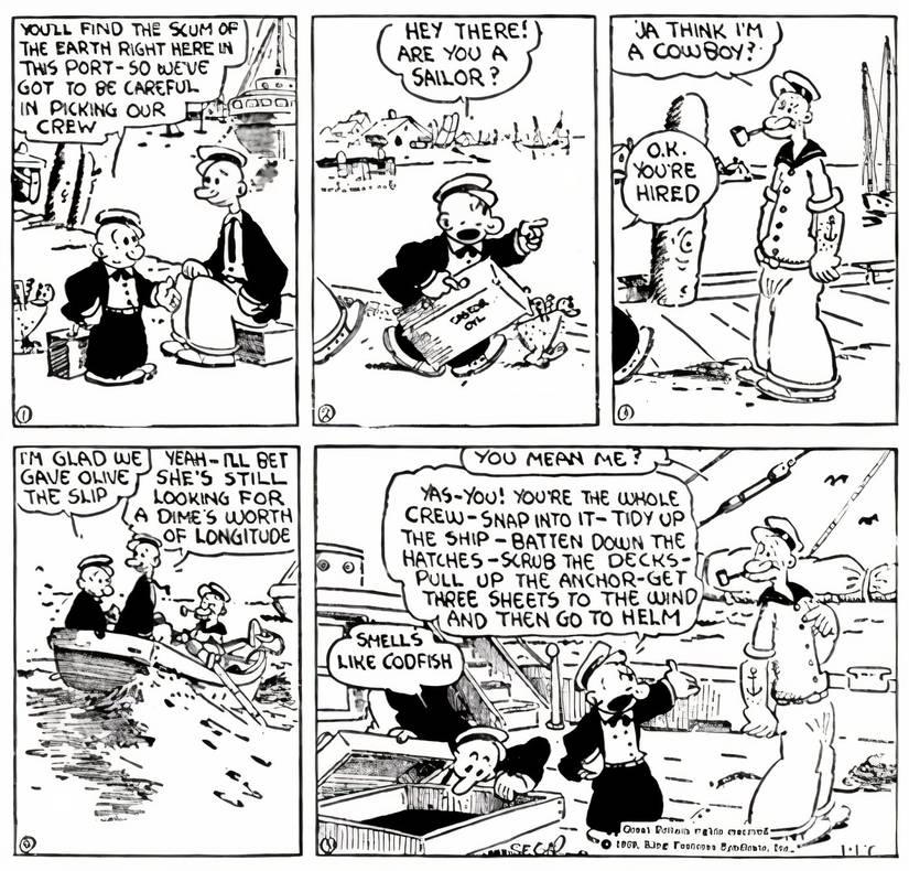 Thimble Theatre comic strip featuring Popeye's debut.