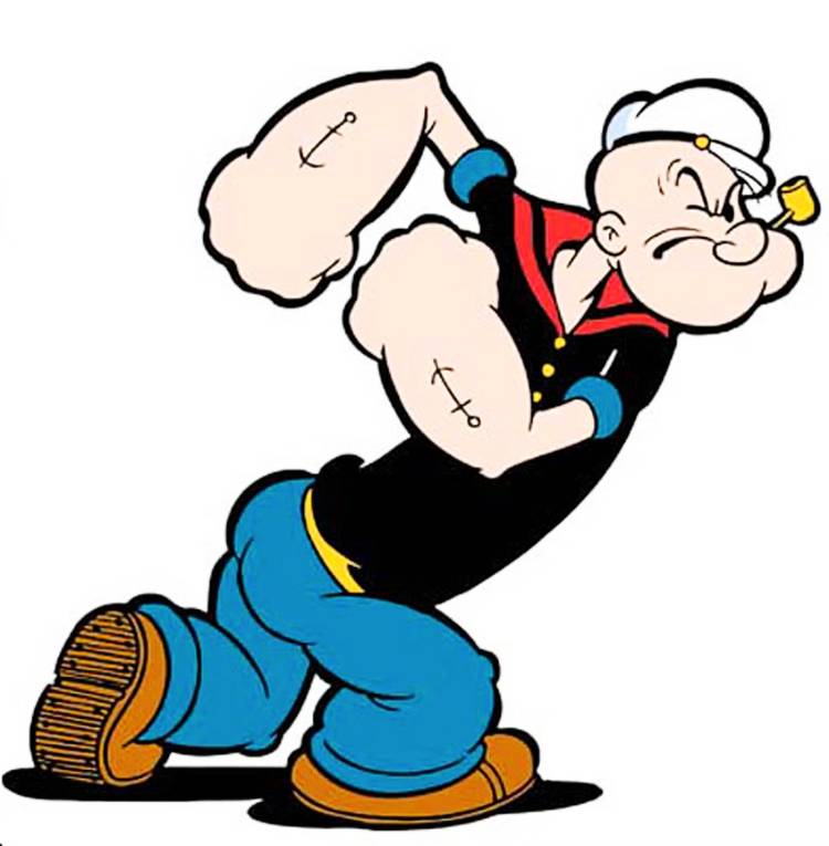 Popeye strutting forward with his massive muscular forearms