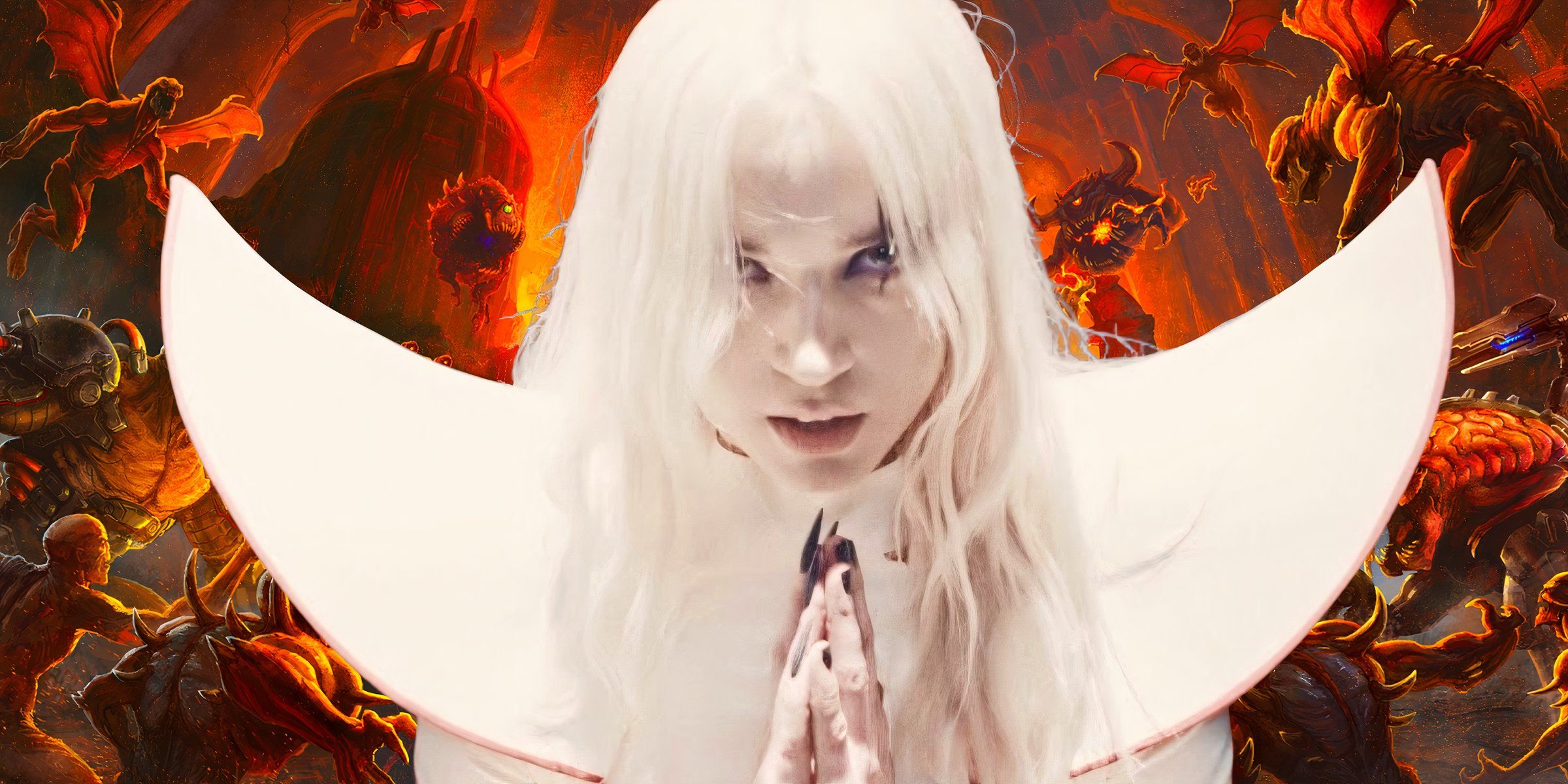 Poppy against a Doom Eternal background