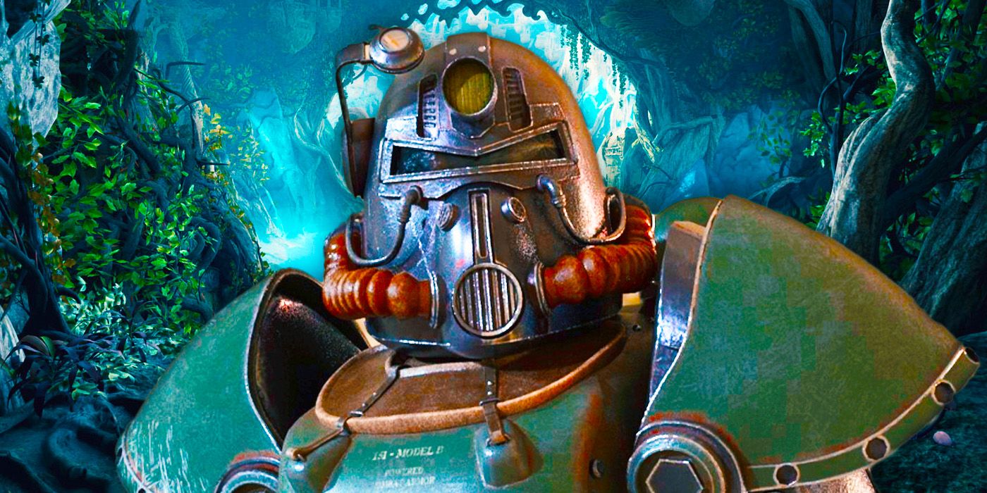 Power armor from Fallout with Avowed imagery