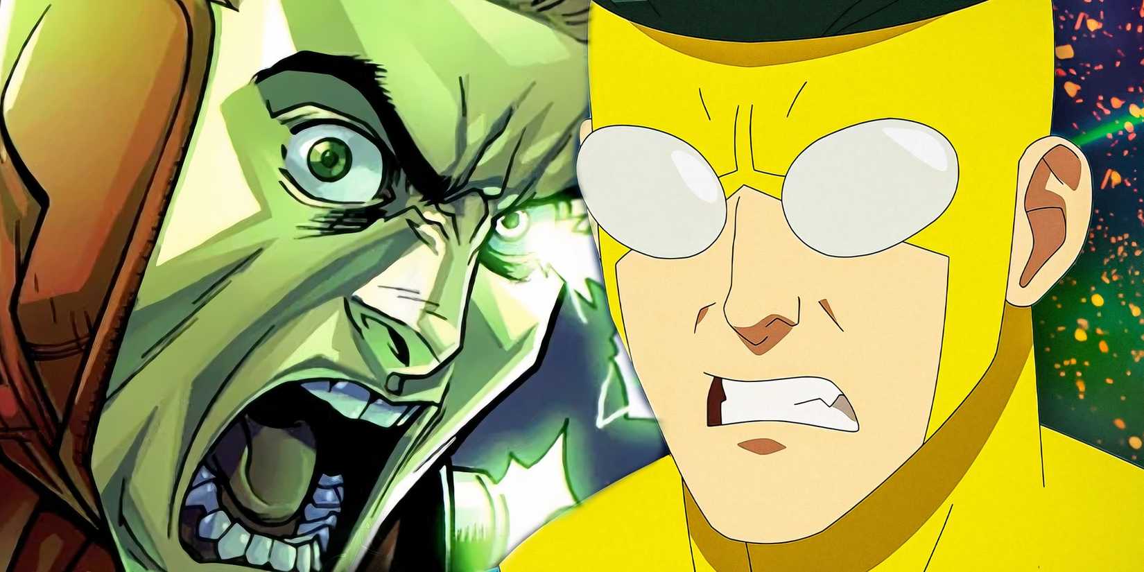 Powerplex yelling in the Invincible comics next to Mark glaring in the Invincible TV show