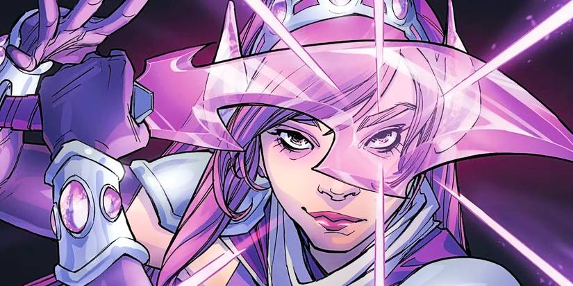 Princess Amnethyst, a DC Comics hero, holding a blade up in front of her face