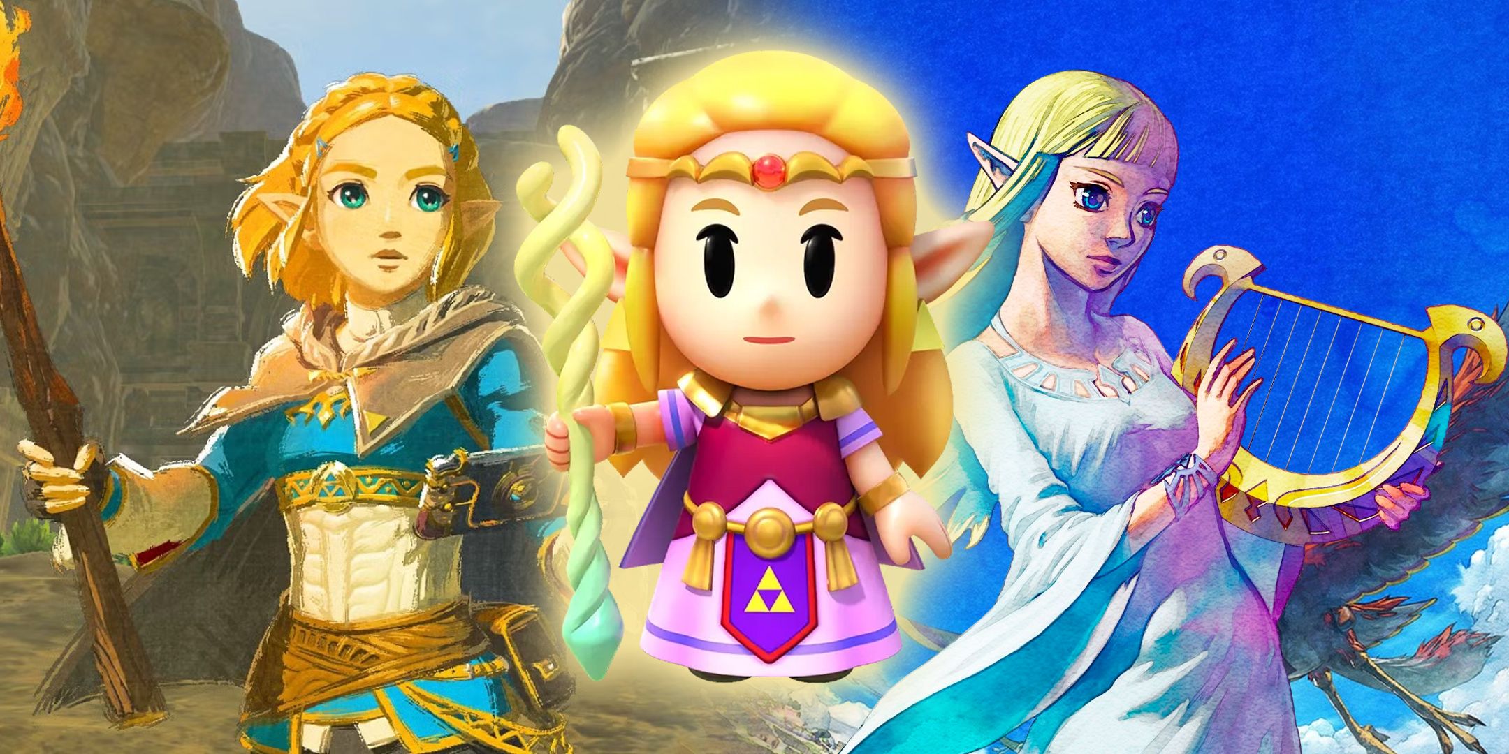 Princess Zelda from Echoes of Wisdom in front of Zelda art from Tears of the Kingdom and Skyward Sword.