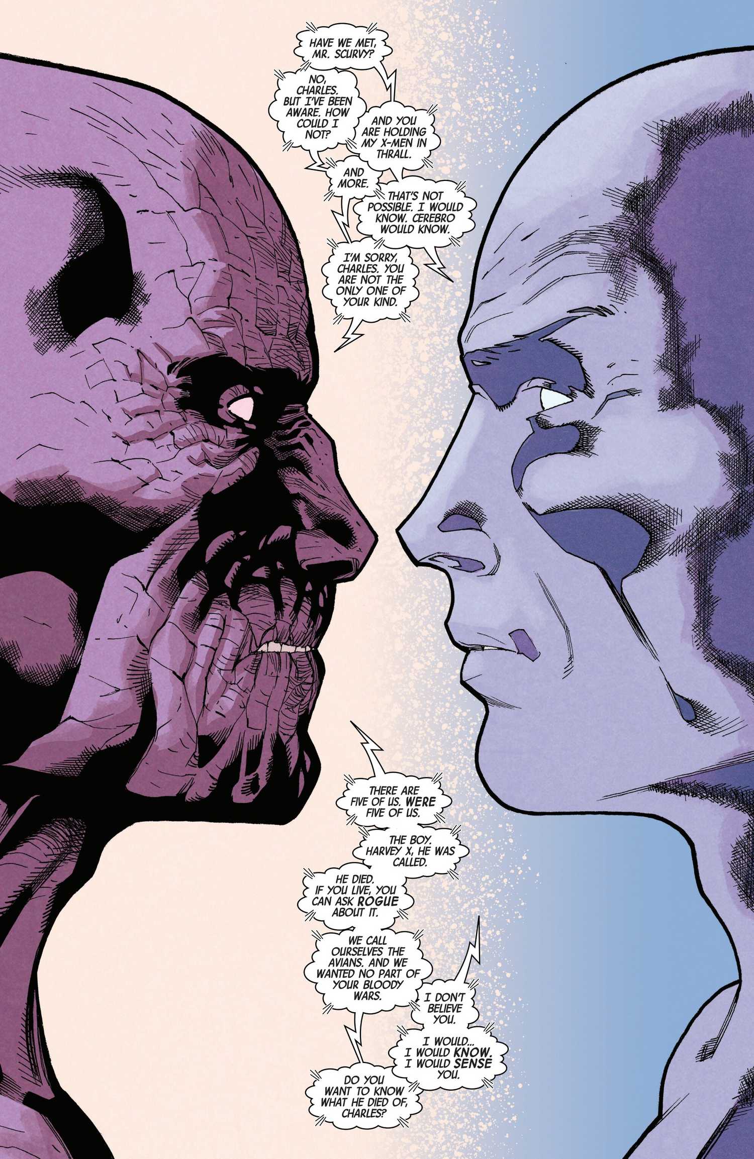Comic book page: Professor X learns about the mysterious 'Avian' mutants in Uncanny X-Men #8
