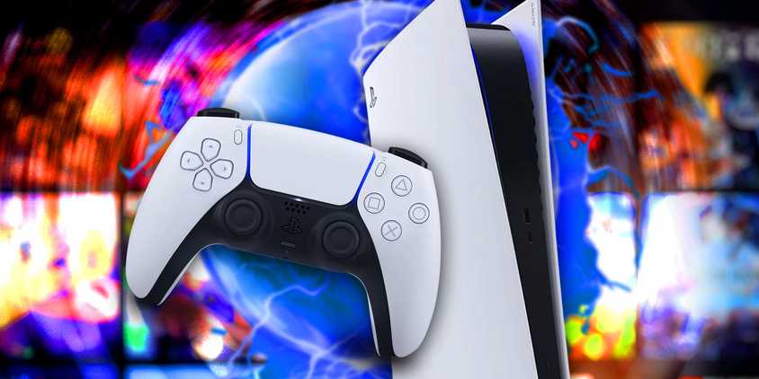 A PS5 console and DualSense controller in front of artwork for various games blurred in the background.