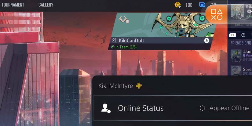 The PS5 online status menu showing "appear offline" while appearing online in the main menu of Marvel Rivals