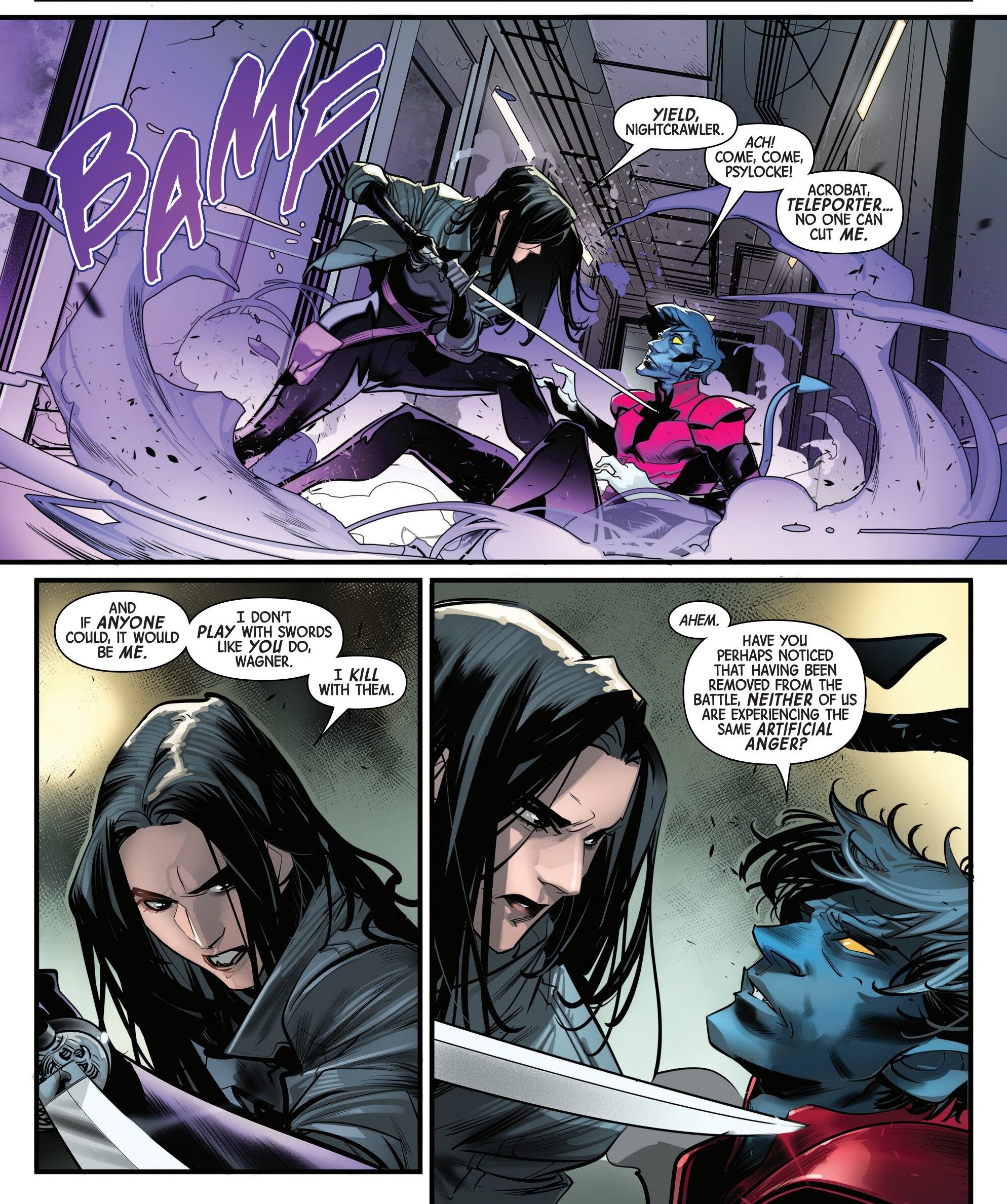 Psylocke defeats Nightcrawler in a sword fight.