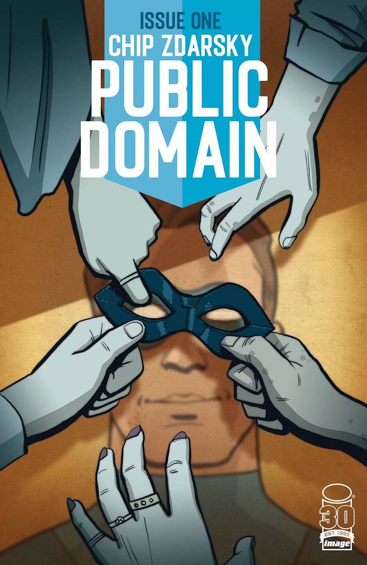 Comic book cover: five hands reach for a blue superhero mask.