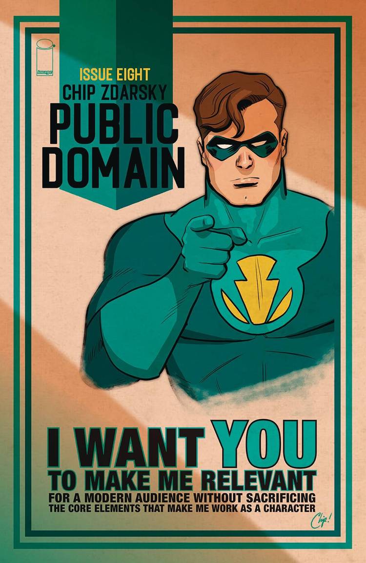 Comic book cover: a superhero points to the reader in an "I Want You" poster style.