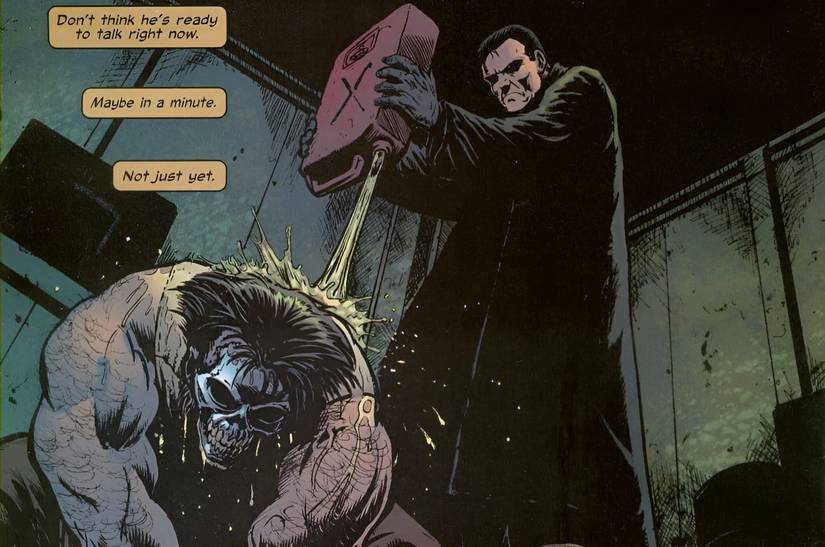 Punisher pours gasoline on Wolverine while thinking to himself.
