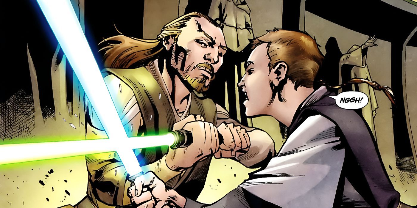 Painel de quadrinhos: Qui-Gon e Xanatos duelam durante treinamento.