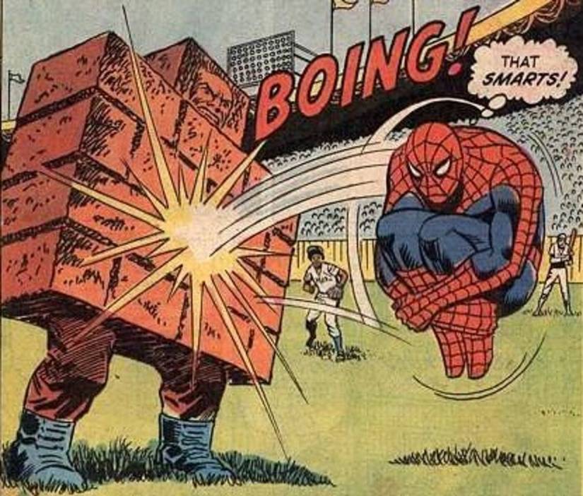 Comic book panel: Spider-Man bouncing off the Wall villain.