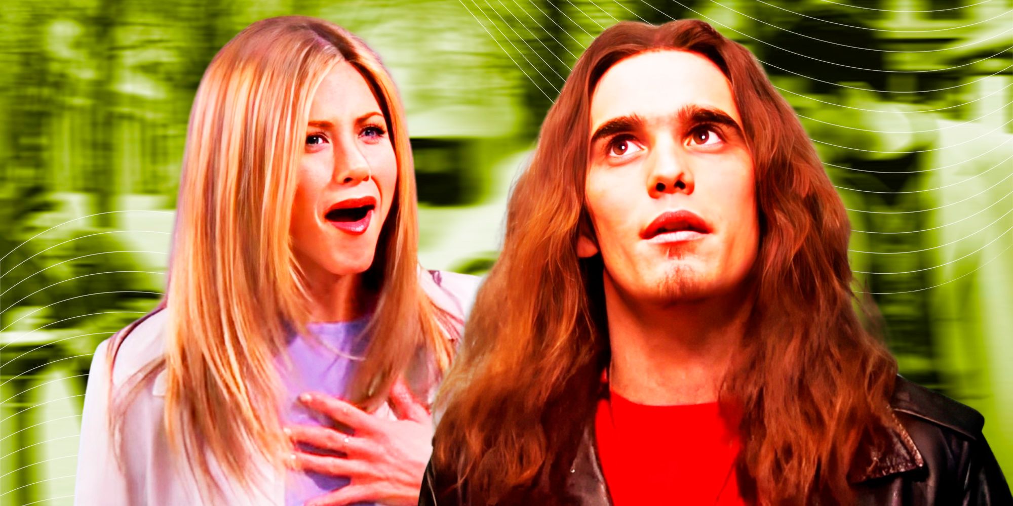 Rachel of Friends looking shocked and Cliff fromSingles