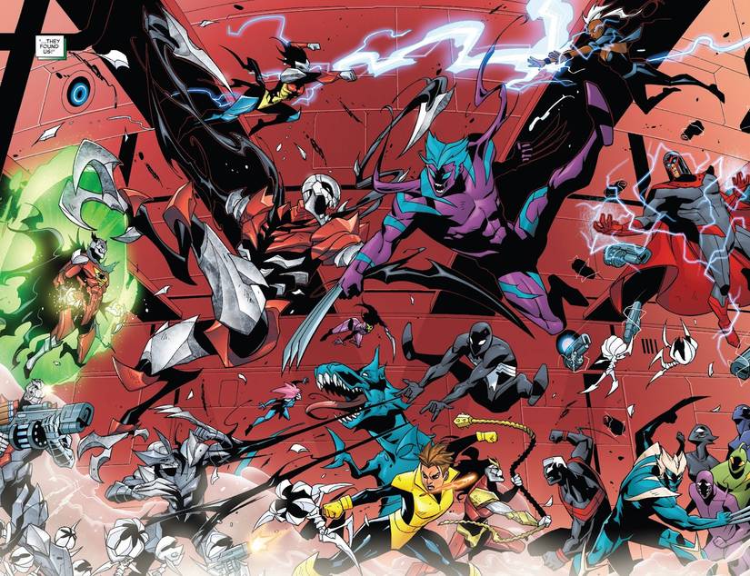 Spider-Man, Magneto, Wolverine, and other Marvel heroes in symbiote forms fight Poisons.