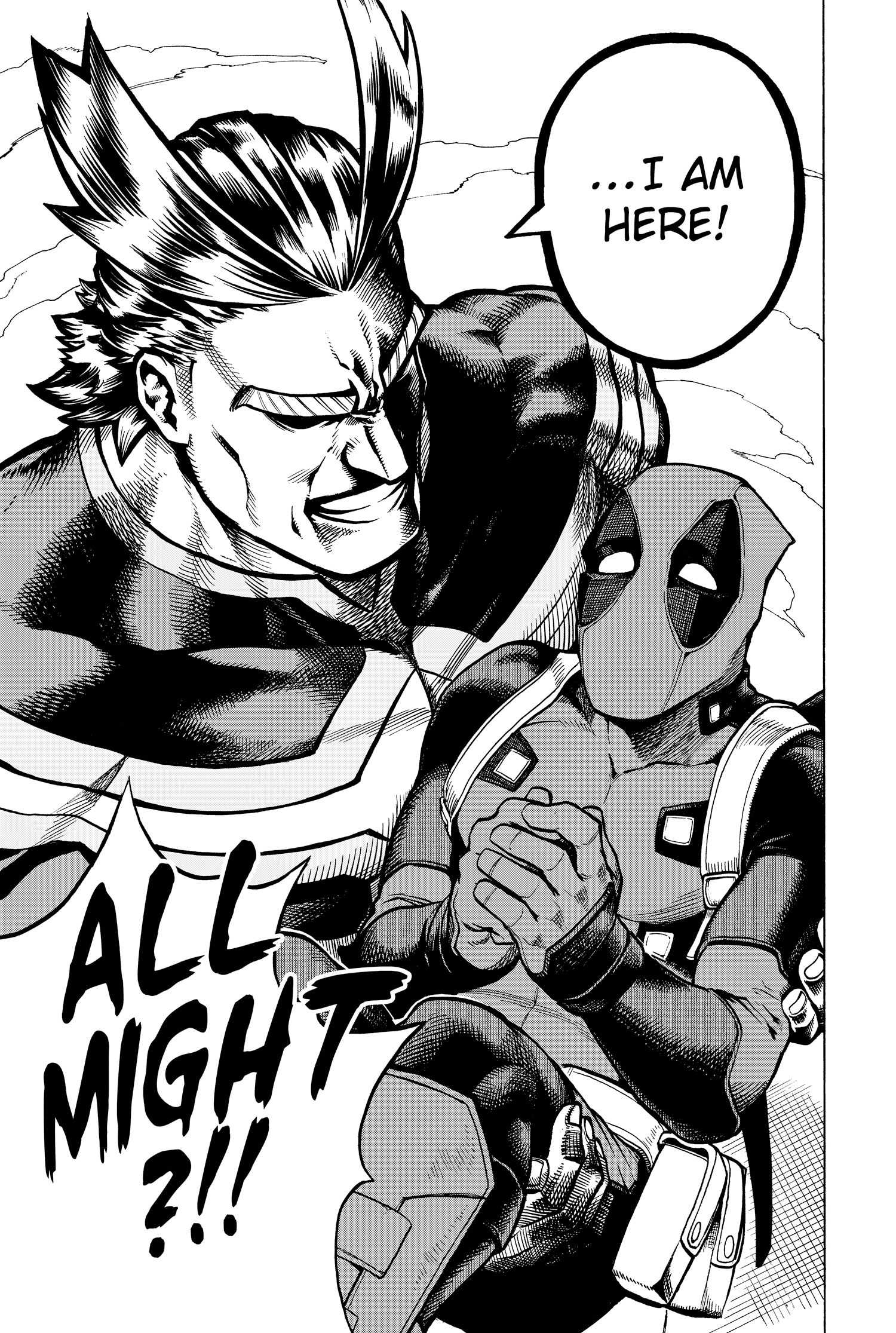 All Might holds Deadpool while saying "I am here!"