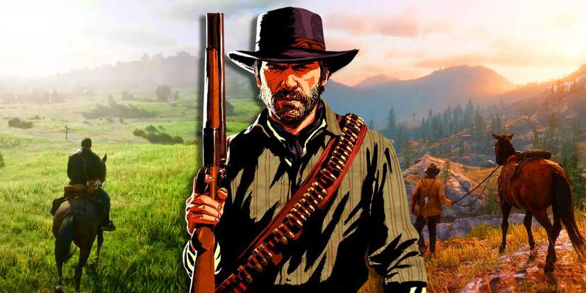 A character portrait of Arthur Morgan with gameplay from Red Dead Redemption behind him.