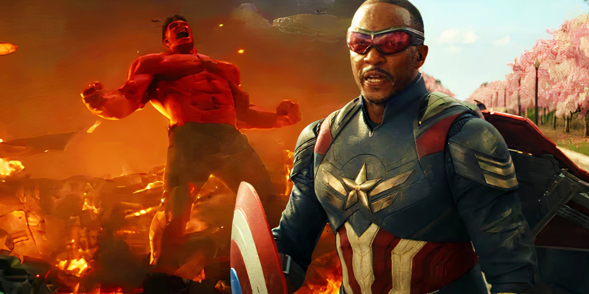 Red Hulk roaring in a field of fire next to Anthony Mackie as Cap in Captain America: Brave New World (2025)