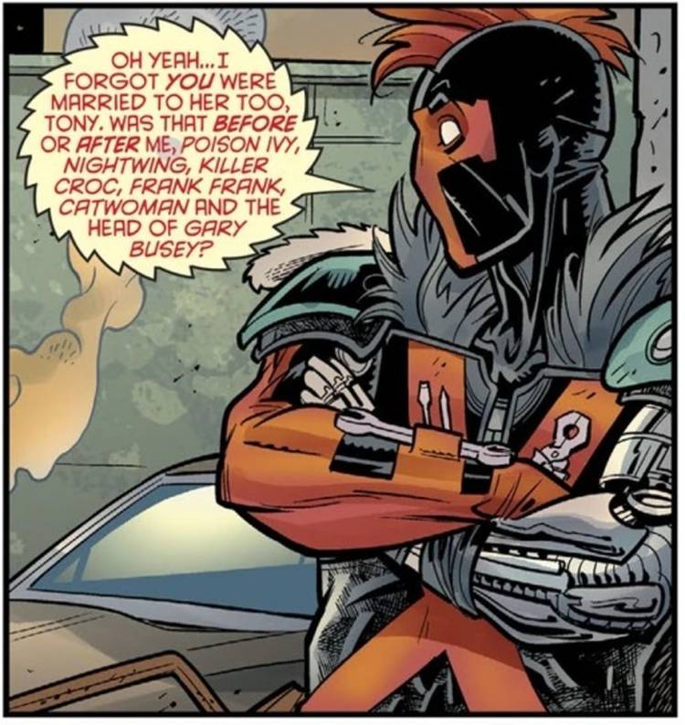 Comic book panel: Red Tool Listing the Former Spouses of Harley Quinn