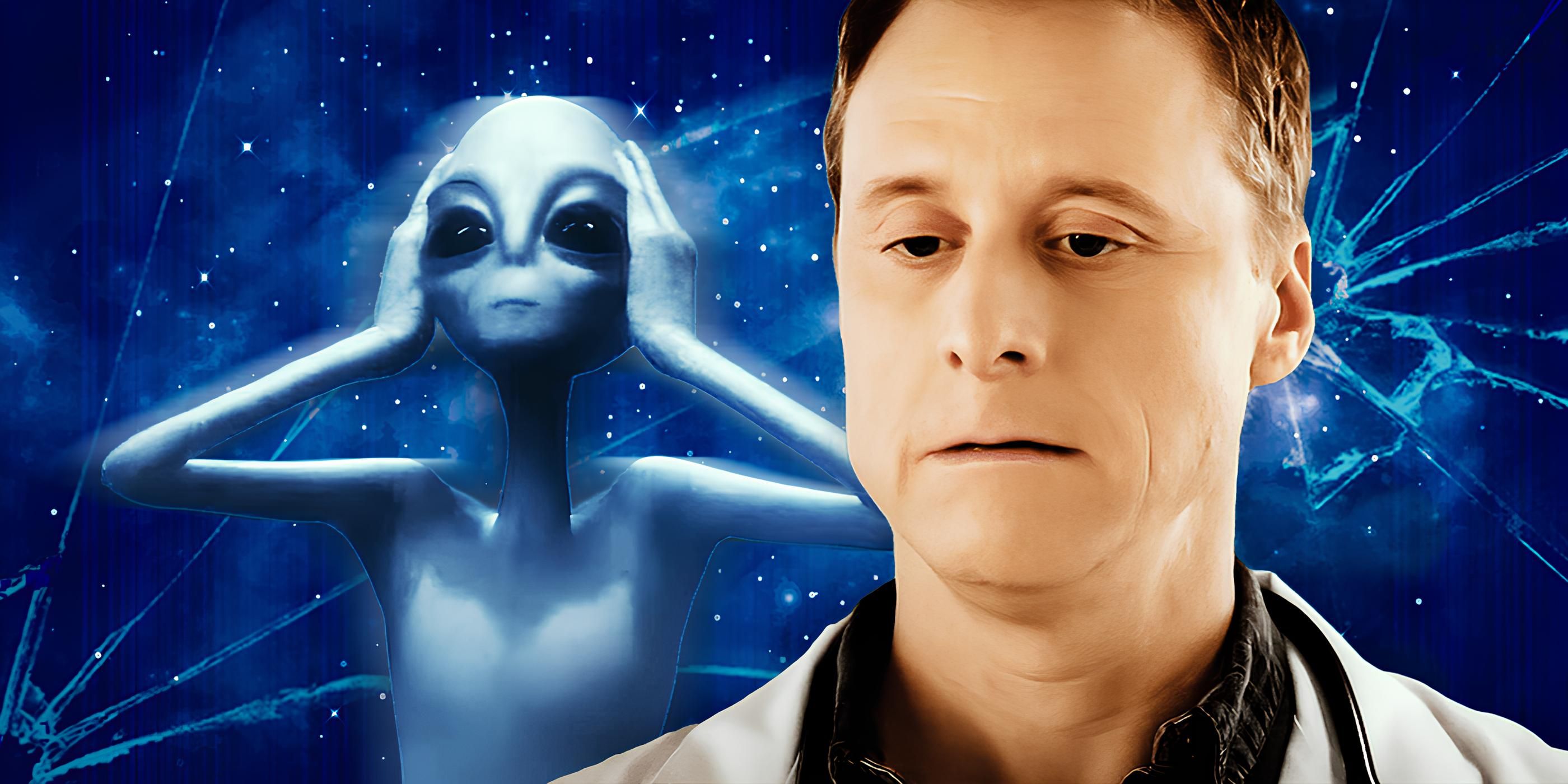 Custom Resident Alien image of a Grey Alien looking devastated while Alan Tudyk&rsquo;s Harry Vanderspeigle looks sad