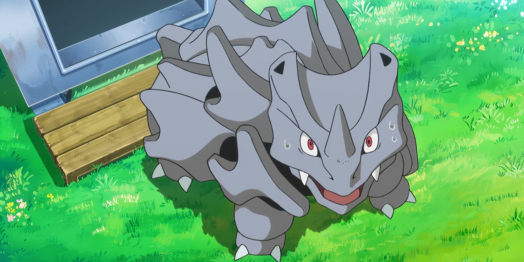 Rhyhorn looking up, surprised, in the anime Pokémon