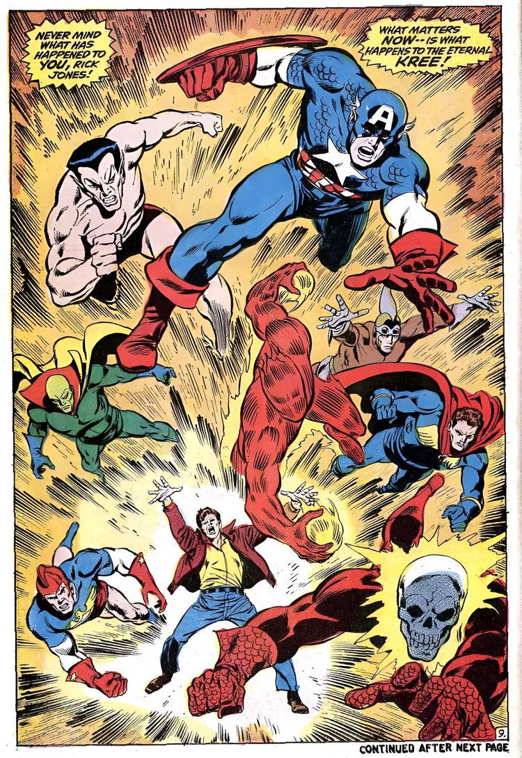 Comic book page: Rick Jones uses the Destiny Force to stop the Kree-Skrull War
