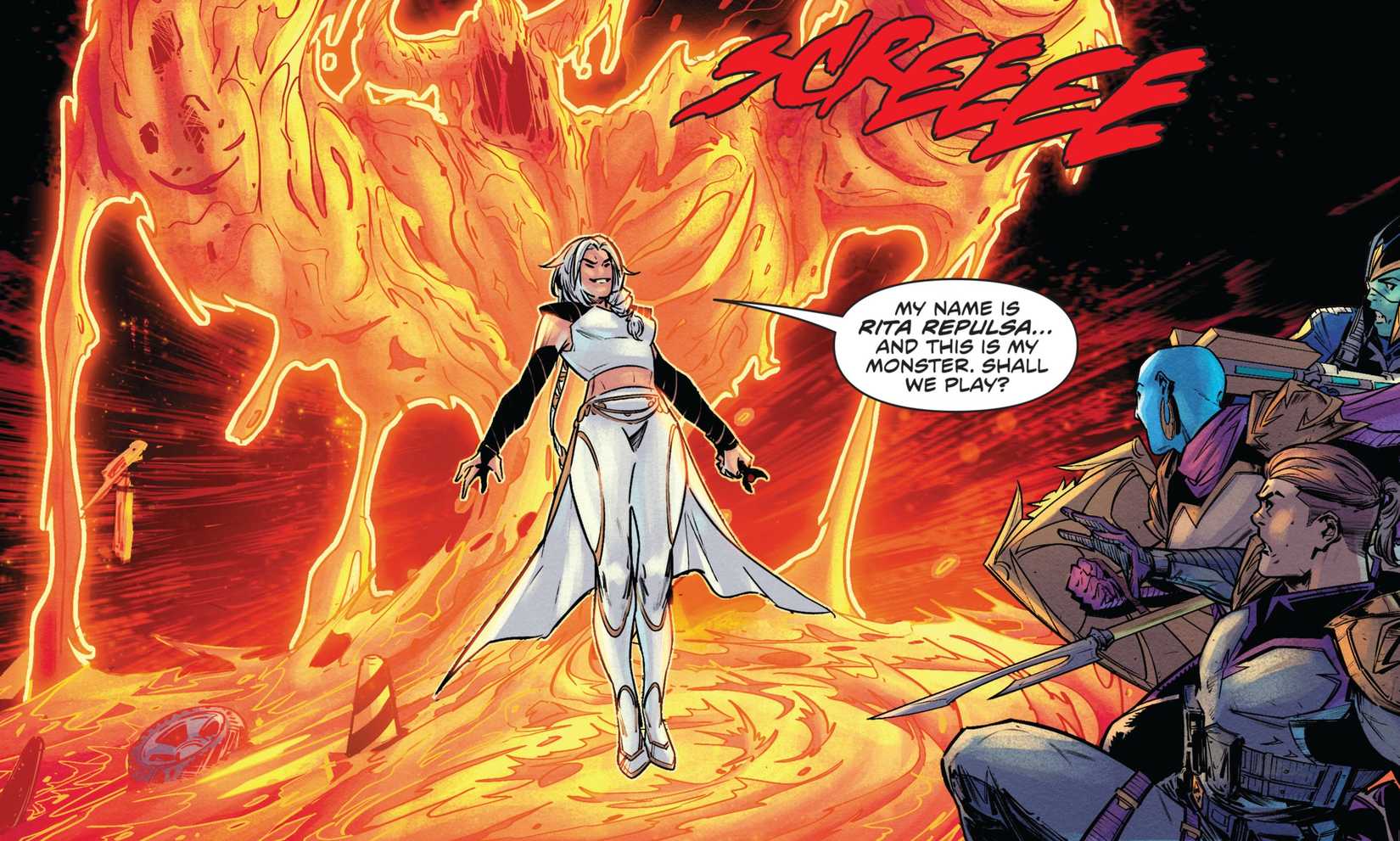 Rita Repulsa and a lava demon monster.