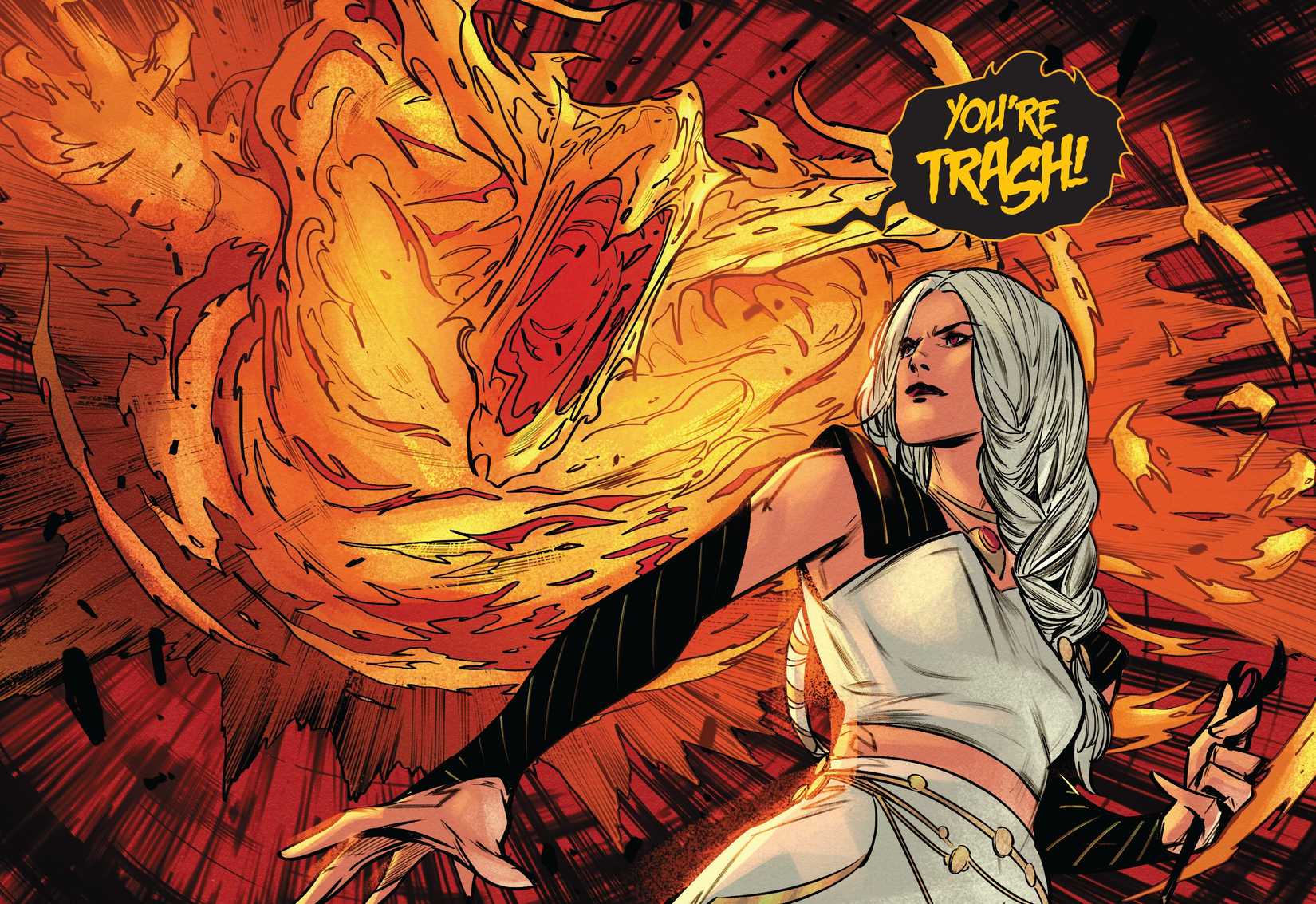 Rita's fire monster calls her trash and attacks her.