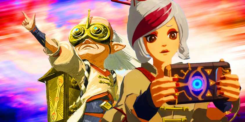 Robbie with a character from zelda holding a Sheikah sensor