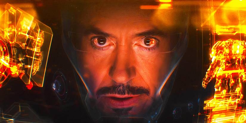 Robert Downey Jr looking serious with a heads-up display as Iron Man in Avengers Age of Ultron